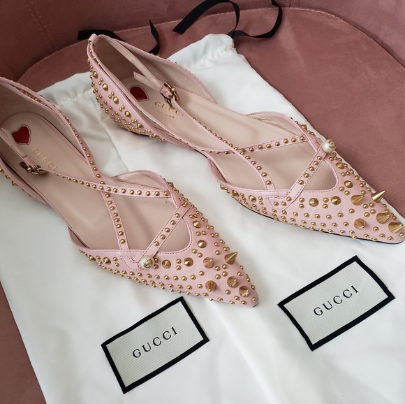 GUCCI Malaga Kid Studded Pointed Toe Unia Flats - Picture 3 of 16